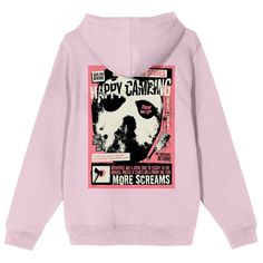 Embrace the spine-chilling vibes with this adult cradle pink Friday the 13th long sleeve hooded sweatshirt. The front features a haunting image of a blood-dripping heart, setting an ominous tone. On the back, a Happy Camping poster with Jason's iconic mask adds a touch of horror nostalgia. Crafted from a blend of cotton and polyester, this officially licensed hoodie ensures both comfort and eerie style. The adjustable hood allows you to tailor your look, making it a must-have for horror aficiona Pink Band Merch Sweatshirt With Letter Print, Pink Hooded Hoodie With Graphic Print, Pink Sweatshirt With Screen Print For Streetwear, Pink Hip Hop Sweatshirt With Graphic Print, Pink Hooded Tops With Graphic Print, Pink Graphic Print Hooded Hoodie, Pink Hip Hop Sweatshirt For Fall, Pink Hip Hop Hoodie For Fall, Pink Hooded Hip Hop Top