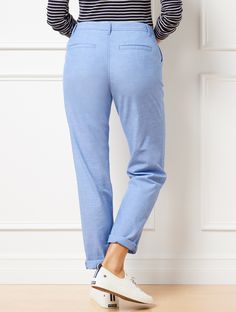 Relaxed fit. Unbeatable comfort. In classic chambray. Roll with it. Features Relaxed leg Hits below waist Ankle length Fly front with button closure Front slash, back welt pockets Imported Fit: Rolled inseam: Misses: 27"; Petite: 24 1/2"; Plus: 27"; Plus Petite: 24 1/2" Unrolled inseam: Misses: 29 1/2"; Petite: 27"; Plus: 29 1/2"; Plus Petite: 27" Material: 100% Cotton Care: Machine wash cold; tumble dry low | Relaxed Chinos Pants - Newport Chambray - 100% Cotton Talbots Chinos Pants, Welt Pockets, Modern Classic, Newport, Welt Pocket, Chambray, Ankle Length, Mom Jeans, Relaxed Fit