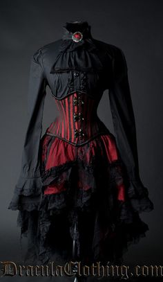 Red Ruffle Skirt Old Gothic Fashion, Vampire Attire, Gothic Tailcoat, Costume Venitien, Mode Steampunk, Old Fashion Dresses, Victorian Goth, Gothic Clothes, Skirt Maxi