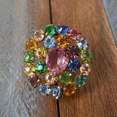 Multicolor Rhinestone Brooches For Wedding, Multicolor Rhinestone Wedding Brooches, Vintage Multicolor Rhinestones Brooches, Dream Rings, Tutti Frutti, Rhinestone Brooches, Dream Ring, Vintage Crystal, Gold Tone Metal