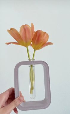 a hand holding a glass vase with flowers in it and the bottom half is shaped like a square