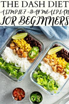 two plastic containers filled with rice, beans and veggies on top of a table