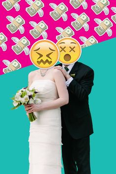 a man and woman standing next to each other with emoticions on their faces