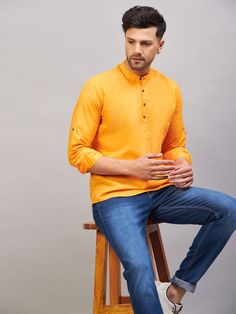 Vastramay Men's Orange Short Cotton Kurta Spring Orange Cotton Kurta, Casual Orange Kurta For Summer, Orange Cotton Long Sleeve Kurta, Long Sleeve Orange Kurta For Summer, Orange Long Sleeve Kurta For Summer, Long Sleeve Orange Cotton Kurta, Summer Long Sleeve Orange Kurta, Casual Cotton Straight Kurta, Casual Long Sleeve Yellow Kurta