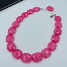 "This beautiful Hot Pink Statement Necklace is completely handmade with high quality. It can be worn with everything and everywhere, at a holiday party or after work with friends! - Necklace length is 16\" long plus additional 3 inch extender chain for length adjustment. Matching earrings are available. Select from the option drop-down menu \"necklace + earrings\" to get the earrings with the necklace.  Made of pink acrylic clouds effect beads 24*20 mm. - silver plated finding - clasp is platinu Acrylic Clouds, Fuchsia Necklace, Pink Beaded Necklace, Friends Necklace, Pink Statement Necklace, Autumn Necklace, Necklace Layered, Christmas Necklace, Necklace Chunky