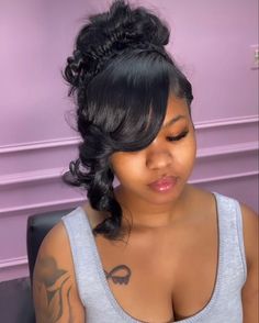 Pin Ups Hairstyles For Black Women, Updo Bun With Bangs, Curly Updo With Bangs, Pinned Up Hairstyles, Messy Updo Black Women, Up Do Black Women, Pin Up Hairstyles For Black Women, Updo With Bang, Updo Styles For Black Women