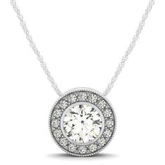 Diamond Halo with Center Bezel in 14k White Gold (5/8 cttw) | Richard Cannon Jewelry Beautiful Diamond Necklace, Round Diamond Pendant, Silver Diamond Necklace, Solitaire Pendant Necklace, Diamond Jewelry Necklace, Halo Pendant, Heart Pendant Diamond, Modern Necklaces, White Gold Jewelry