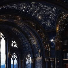 an image of a room with bookshelves and stars in the sky