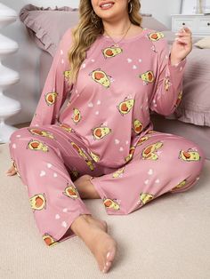 Plus Size Women's Avocado Print Crew Neck Long Sleeve Top And Pants Pajama Set Multicolor Cute    Cartoon,All Over Print Pant Sets Medium Stretch Spring/Fall,Fall/Winter Women Plus Sleep and Lounge, size features are:Bust: ,Length: ,Sleeve Length: Avocado Print, Stand Collar Top, Casual Halloween, Print Pant, Plus Size Pajamas, Solid Color Pants, Pant Sets, Matching Pajamas, Print Pajamas