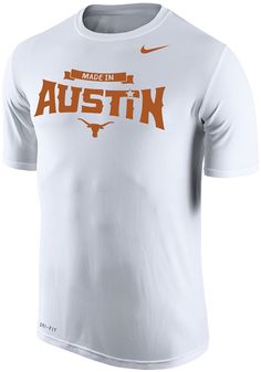 Keep cool while showing your Texas Longhorns spirit in this White Made In Austin T Shirt. This Short Sleeve is the perfect Tee for working out, heading to class, or cheering on the Longhorns. Featuring a screen print of "Made in Austin" across chest with Longhorn logo, there's no mistaking your Texas Longhorns pride in this Longhorns Made In Austin T Shirt! Dri-FIT fabric, Self-fabric neckband, Rib crew neck with interior taping, Streamlined athletic fit, Swoosh trademark screen-printed on the l Nike T-shirt With Text Print For Sports, Nike Crew Neck T-shirt For College, Nike Collegiate Crew Neck T-shirt, Nike White T-shirt For College, White Nike T-shirt With Text Print, Nike Collegiate Moisture-wicking T-shirt, Varsity Moisture-wicking T-shirt For College, White Moisture-wicking T-shirt For College, White Athletic Fit T-shirt With Letter Print