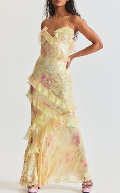 Shop Loveshackfancy Rialto Ruffled Silk-blend Gown In Yellow from 600+ stores, starting at $765. Similar ones also available. On SALE now! Rebecca Hessel Cohen has an eye for pieces that balance the rare delicacy of an incredible vintage find with the functionality of purposeful designs. The result is always awash in a rose-tinted; bohemian romance.Made of a light-weight; frothy; viscose-silk; this gown has a body and floor-skimming silhouette detailed with ruffle trims; lace finishes; and ... Light Yellow Maxi Dress, Rebecca Hessel, Golden Dresses, Yellow Silk Dress, Debs Dresses, Guest Ideas, Silk Yellow Dress, Pink Flower Dress, Rare Dress