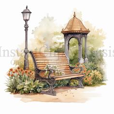 a watercolor painting of a bench and lamppost in a park with flowers on the ground