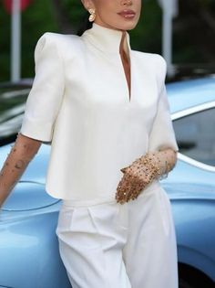 Women Plain Summer Urban Polyester Stand Collar Micro-Elasticity Regular H-Line Regular Shirts Dressy Tops For Wedding, Formal Blouses, Urban Shirt, Stand Collar Blouse, Stand Collar Shirt, Plain Blouse, Chic Blouses, 60 Fashion, Fall Clothes