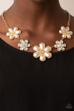 Featuring glassy white rhinestone centers, bubbly pearl petaled gold or silver flowers gradually increase in size as they alternate with white rhinestone petaled flowers below the collar for a fierce floral fashion. Features an adjustable clasp closure. Paparazzi Accessories, Floral Fashion, Floral Necklace, White Rhinestone, Pearl Flower, Paparazzi Jewelry, Short Necklace, Silver Flowers, Gold Flowers