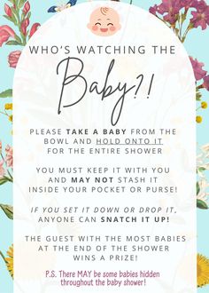 Who's Watching the Baby| Baby Shower Game | Shower Activity | DIGITAL PRODUCT |  Printable |  Baby |  Game | Green | Floral | Boy | Girl Pacifier Pong, Game Display, Shower Activities, Baby Room Organization, Baby Shower Activities, Baby Shower Guest, Baby Shower Game, Baby Games, Baby Baby