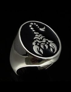 high quality Sterling silver ring high polished marked 925 design: Oval Sterling silver men's Animal ring Scorpion with Black enamel dimension of the top: 23 mm along the finger x 19 mm wide (23mmx19mm) average weight: 21 grams depending on the size Silver Sterling Silver Signet Ring With Black Enamel, Scorpion Symbol, Scorpion Ring, Zodiac Scorpio, Scorpio Horoscope, Zodiac Rings, Animal Ring, 21 Grams, Mens Rings