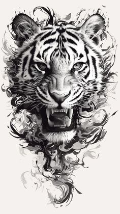 a tiger's face with its mouth open and the eyes are painted in black and white