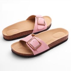 Goosecret Women Flat Sandals Summer Cork Clogs Comfort-Molded Slippers Fashion Casual Slides Beach Comfortable Slide-on Clogs For Vacation, Comfortable Slide Clogs For Vacation, Beach Slippers With Buckle Closure And Round Toe, Beach Slippers With Buckle Closure And Flat Heel, Beach Open Toe Clogs With Cushioned Footbed, Flat Heel Beach Slippers With Buckle Closure, Flat Heel Slippers With Buckle Closure For Beach, Pink Slippers With Textured Footbed For Vacation, Summer Beach Platform Slippers With Buckle Closure