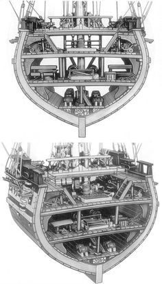 two views of a large ship with multiple engines