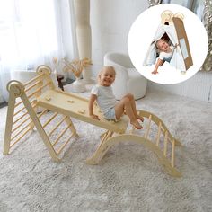 a baby is sitting on a wooden bench in the middle of a room with a mirror