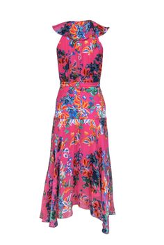 To say this bright and bold Saloni frock has some serious flower power is an understatement! Created in a flowy maxi silhouette with a soft satin textured floral print, this ruffled beauty is here to help you stand out at all your warm weather festivities! From brunch parties to bridal showers and beyond, pair this silky stunner with woven wedges and a colorful clutch and you'll be looking fab and fresh wherever you go! Size 2 Shell: 42% Silk, 58% Rayon Lining: 100% Polyester Concealed back zipp Multicolor Silk A-line Maxi Dress, Pink A-line Maxi Dress For Spring, Pink A-line Maxi Dress With Floral Print, Silk Maxi Dress For Casual Wear, Pink Flowy Floor-length Midi Dress, Silk Maxi Dress For Dress Down Occasions, Flowy Floor-length Maxi Dress For Spring, Spring Flowy Floor-length Maxi Dress, Spring Floral Print Dress With Flowy Skirt