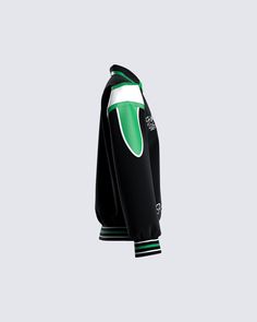 Captain of the bad b*tches 😘 Lead your team in style with this black and green varsity jacket Black Outerwear For Game Day, Black Varsity Jacket For Game Day In Winter, Black Winter Varsity Jacket For Game Day, Black Varsity Jacket For Game Day In Fall, Black Team Spirit Outerwear For Sports Events, Varsity Jacket With Ribbed Cuffs For Game Day, Black Casual Varsity Jacket For Game Day, Urban Track Jacket With Baseball Collar For Sports, Urban Style Track Jacket With Baseball Collar For Sports