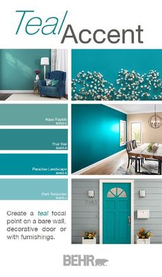 the teal accent color scheme is shown in this brochure for behr