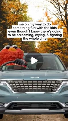 an image of a car with the sesame character driving