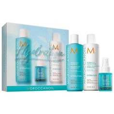 What it is:A limited-edition set of hydrating bestsellers for hair that includes a full size shampoo & conditioner, a mini leave-in conditioner, plus a moisturizing body lotion sample.Hair Texture: Straight, Wavy, Curly, and CoilyHair Type: Fine, Medium, and ThickHair Concerns:- Dryness- Frizz- ShineKey Benefits:- Hydrates- Detangles- Increases shineHighlighted Ingredients:- Argan Oil: Rich in antioxidants, it hydrates and nourishes.Ingredient Callouts: Free of parabens and sulfates SLS & SLES. These products are also cruelty-free.What Else You Need to Know: Hydrating Shampoo and Conditioner deliver optimal hydration with argan oil, vitamins A and E, and moisturizing red algae, while All in One Leave-in Conditioner hydrates, detangles, and provides up to 72 hours of softness. This set also Hair Care Kits, Red Algae, Moisturizing Body Lotion, Hydrating Shampoo, Hair Setting, Sulfate Free Shampoo, Manicure Y Pedicure, Leave In Conditioner, Moroccan Oil