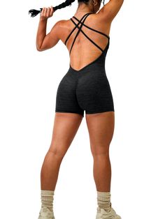 Description: Stand out in the gym with our rompers! Featuring a booty enhancing scrunch with an open back design, our Low V Back Scrunch Romper is guaranteed to be a head turner. All of our rompers & jumpsuits are made out of high quality blends of nylon and are guaranteed to shape your figure while providing high comfort and sweat resistance. Sizing: True to size Color: Charcoal Fitted Backless Bodysuit For Training, Fitted Backless Gym Activewear, Fitted Backless Activewear For Gym, Stretch Backless Activewear For Training, Backless Fitted Activewear For Sports, Backless Stretch Activewear For Training, Backless Training Activewear, Backless Athleisure Bodysuit For Pilates, Backless Athleisure Jumpsuits And Rompers For Workout