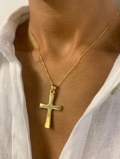 Gold Men's Cross Necklace made of Gold Vermeil: 18k Gold over Solid 925 Sterling Silver ☞ made to last.Matching Ring & Matching Earrings - please ask meDetails:• Gold Men's Cross Necklace• Dimensions: Pendant Height 40mm, Width 21mm• Free Complimentary Chain• 18k Gold VermeilSKU TE-121 Spiritual Gold Plated Jewelry With Polished Finish, Tarnish Resistant Spiritual Cross Jewelry, Yellow Gold Plated Crucifix Jewelry, 14k Gold Pendant Jewelry With Shiny Finish, 14k Gold Jewelry With Round Pendant And Shiny Finish, Spiritual Hallmarked 14k Gold Jewelry, Gold Plated Shiny Round Pendant Jewelry, Classic Gold Crucifix Jewelry, Gold Plated Round Pendant With Shiny Finish