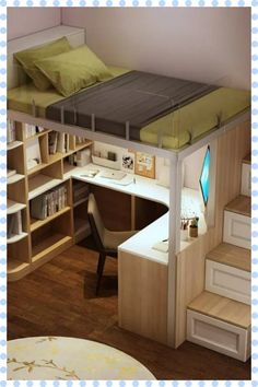 there is a loft bed with stairs to the top and desk below it in this room