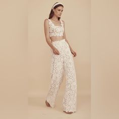 **Only 3 Ever Made** Minor Wear To The Bottom Of The Pants As Shown In Photos Too & Pant Set Luxury White Wedding Bottoms, Elegant Wide Leg Lace Pants, Chic Lace Bottoms For Wedding, Luxury White Pants For Wedding, Glamorous Wide Leg Wedding Bottoms, Elegant Lace Pants For Summer, Elegant Lace Trousers, Glamorous Summer Wedding Bottoms, Mira Zwillinger