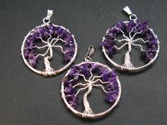 "Set of Three Tree of Life Healing Necklace Pendant  made from beautiful natural rich purple color Amethyst with a silver-tone metal frame from Brazil. Those born in February are lucky to have the beautiful Amethyst as their birthstone ( Walter Schumann \"Gemstones of the World\"). Amethyst is untreated and not enhanced.   Location: Minas Gerais, Brazil Average Pendant Size: 4.6 Centimeter with bail Average Set Pendant Weight: 19.5grams  The color, size and weight of pendant may vary from set to Born In February, Healing Necklace, Tree Of Life, Purple Color, Metal Frame, Silver Tone, Crochet Earrings, Healing, Jewelry Bracelets