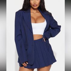 True To Size, Fits Great. Pinstripe Mini Skirt, Fashion Nova Jackets, Mini Skirt Set, Zipper Shorts, Blazer Set, Navy Fashion, Birthday Photoshoot, 30th Birthday, Matching Sets