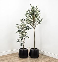 two black planters sitting on top of a wooden floor