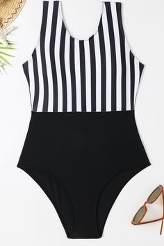 Contrast striped print High neckline Color-blocking design Deep V back Wide shoulder strap Removable padding Pull-on style High-leg cut Classic coverage Strapless Swimsuit, Cutout Maxi Dress, Strapless Bandeau, Half Skirt, Bralette Tops, Women's Wardrobe, Plus Size Swimwear, Sleeveless Maxi Dress, High Leg