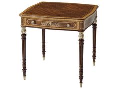 a small wooden table with two drawers on one side and an ornate design on the other