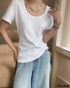 OliviaMark - Contemporary Slim-Fit V-Neck Short-Sleeve Cotton T-Shirt with Timeless Minimalist Design Home T Shirts, Slim Fit Shorts, Sleeves (women), Sleeve Cotton, Minimalist Fashion, Cotton T Shirt, Minimalist Design, Casual Style, Cotton Tshirt