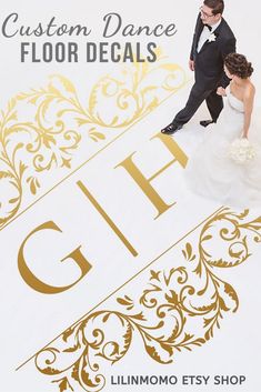 a bride and groom standing on top of a white sign that says, custom dance floor decals give