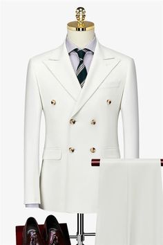 Andrew Simple White Double Breased Peaked Lapel Formal Business Suits Mens White Suit, Homecoming Dresses Corset, Prom Suits For Men, Suits Online Shopping, Wedding Suits Groom, Business Suits, Designer Suits For Men, Professional Wardrobe, Prom Suits