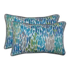 two blue and green pillows on a white background