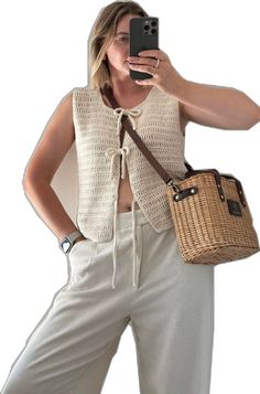 Trendy Knit Vest For Day Out, V-neck Knitted Summer Vest, Chic Summer Crochet Lace Top, Summer Knitted V-neck Vest, Summer V-neck Knitted Vest, Trendy Crochet Knit Top For Summer, Knit Crochet Top For Summer, Trendy Sleeveless Crochet Top, Chic Knitted Sweater Vest For Spring