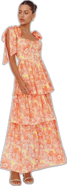 Arlowe Tied Shoulder Tiered Midi Dress Floral Orange by Selfie Leslie Spring Orange Tie-back Dress, Spring Orange Tie Back Dress, Orange Summer Dress With Tie Back, Orange Knee-length Summer Midi Dress, Orange Ruffled Midi Dress, Orange Tiered Beach Dress, Summer Party Layered Midi Dress, Orange Summer Dress With Tie Straps, Orange Midi-length Dress With Ruffles