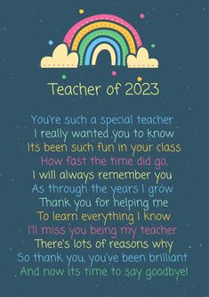 a poem written in rainbow colors on a blue background with the words teacher of 2020