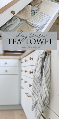 an open drawer with clothes hanging on it and the words, blogging tea towel