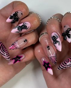 🕷️💓 fave color combo • @functionofvex (code AMBZ10) - aura melt (passion) - angled pigment brush - black void • #fallnails #halloweennails #nailinspo #aznailtech #gelxnails #gelxinspo #3Dnails #explore #explorepage Black And Pink Aura Nails, Hit Me Hard And Soft Nails, Black Pink Nails Designs, Pink And Black Stiletto Nails, Pink Nails Halloween, Cute Matching Nails, Matching Nail Ideas, Almond Halloween Nail Designs