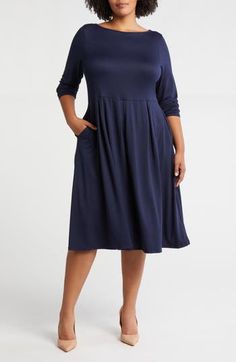 Soft, supple jersey feels as great as it looks on this long-sleeve midi dress cut in a versatile and chic fit-and-flare silhouette. 44 1/2" length Slips on over head Jewel neck Long sleeves 92% polyester, 8% spandex Machine wash, tumble dry Imported Flattering Stretch Midi Dress With Long Sleeves, Casual Midi Dress With 3/4 Sleeves For Fall, Casual Long Sleeve Midi Dress For Work, Modest Stretch Midi Dress For Fall, Flare Long Sleeve, Long Sleeve Jersey, Long Sleeve Midi, Jewel Neck, Long Sleeve Midi Dress