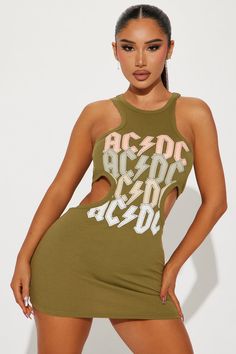 Available In Sage. Crew Neck Sleeveless ACDC Graphic Front Screen Stretch Disclaimer: Due To The Printing Process A Difference In Saturation May Occur. Each Garment Is Unique. 60% Cotton 40% Polyester Imported | ACDC On Repeat Cut Out Mini Dress in Sage size Large by Fashion Nova Trendy Green Sleeveless Mini Dress, Summer Bodycon Halter Neck Tank Top, Sleeveless Green Bodycon Summer Dress, Green Sleeveless Dress With Graphic Print, Green Sleeveless Graphic Print Dress, Sleeveless Green Dress With Graphic Print, Spring Bodycon Racerback Mini Dress, Green Sleeveless Bodycon Dress For Beach, Casual Summer Bodycon Dress With Graphic Print