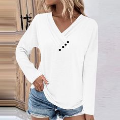 Women's 2024 Spring T-Shirt V-Neck Long Sleeve Solid Pullover T-Shirts 8Colors Casual Long Sleeve V-neck Top In Solid Color, Casual Long Sleeve Solid Color V-neck Top, Casual White V-neck Top, White V-neck Casual Top, White V-neck Long Sleeve Top For Fall, White Solid Color V-neck T-shirt, White V-neck T-shirt, White V-neck Solid Color T-shirt, White T-shirt For Fall